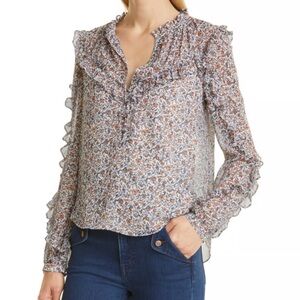 Veronica Beard women 4 Chiffon Abra Micro Floral Print Ruffle Blouse long sleeve